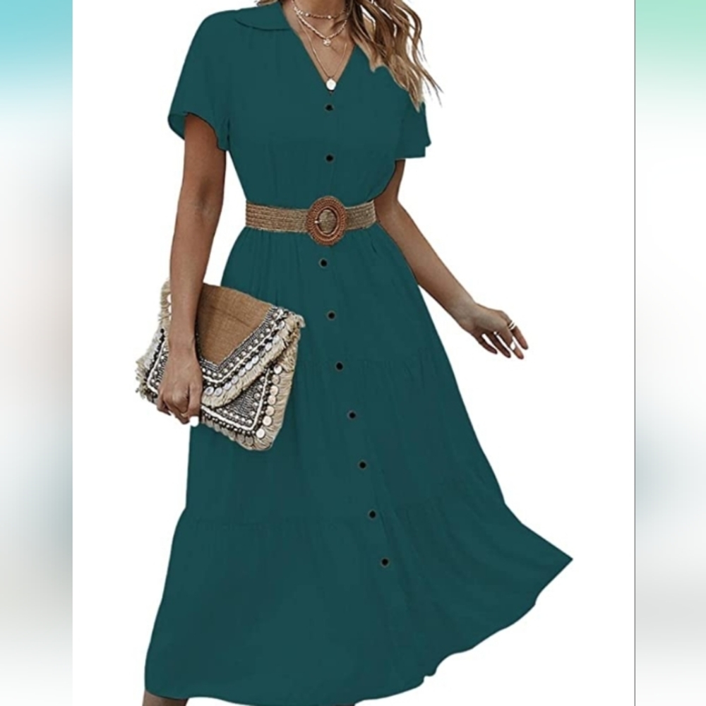 Dokuritu Women Button Down Collar V Neck Casual Dress Summer Short Sleeve Tiered